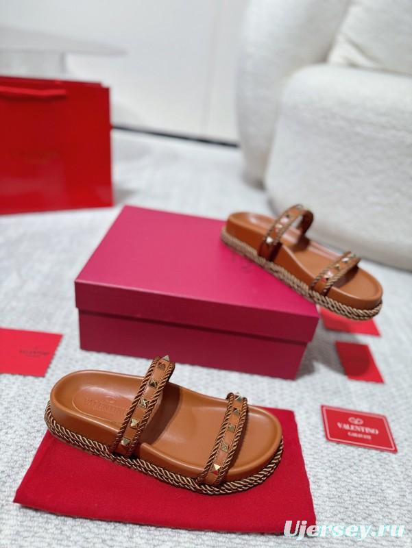 2025 Women Valentino Brown Leather Sandals Rope Braided LY00250