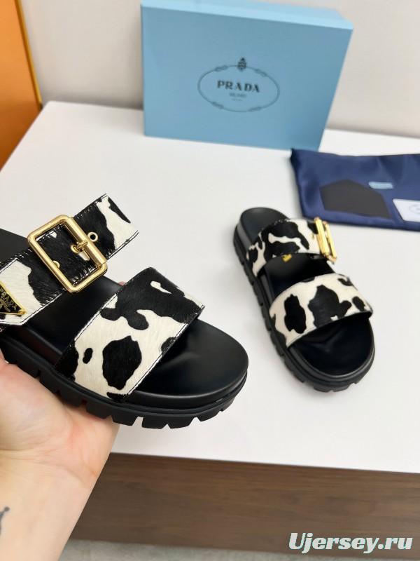 2025 Women Prada Black White Calf Hair Leather Sandals LY00260