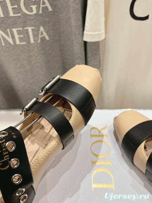 2025 Women Dior Beige Black Leather Mary Jane Buckle Flats