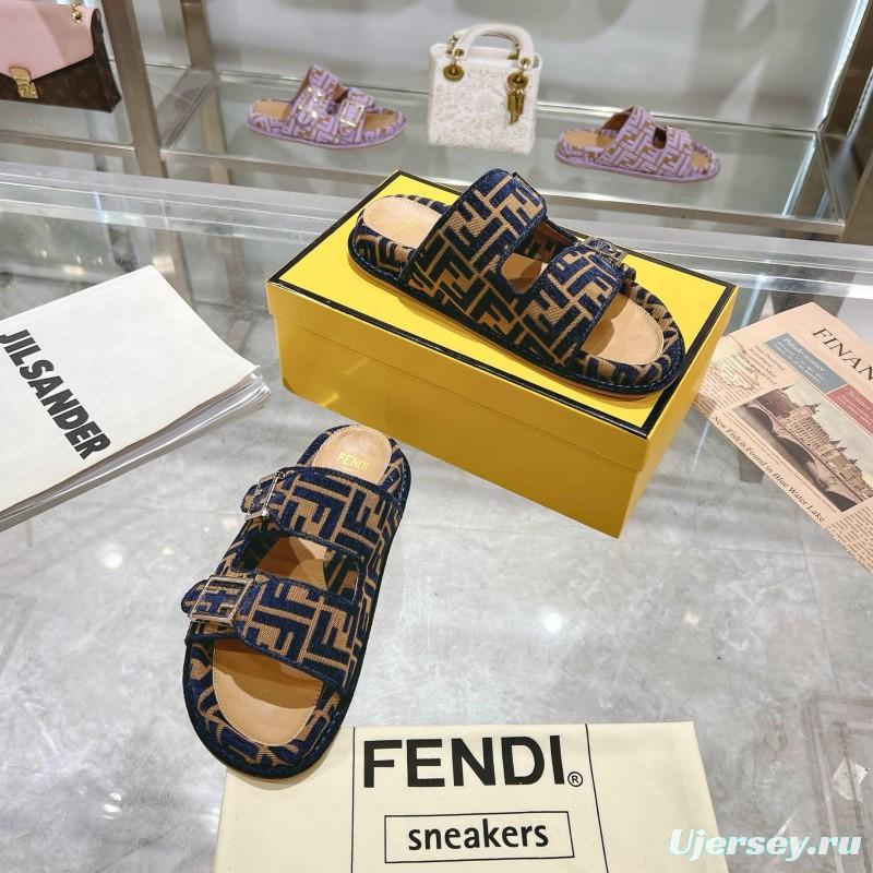 2025 Slippers Fendi Blue Brown Jacquard Buckle KFY00250