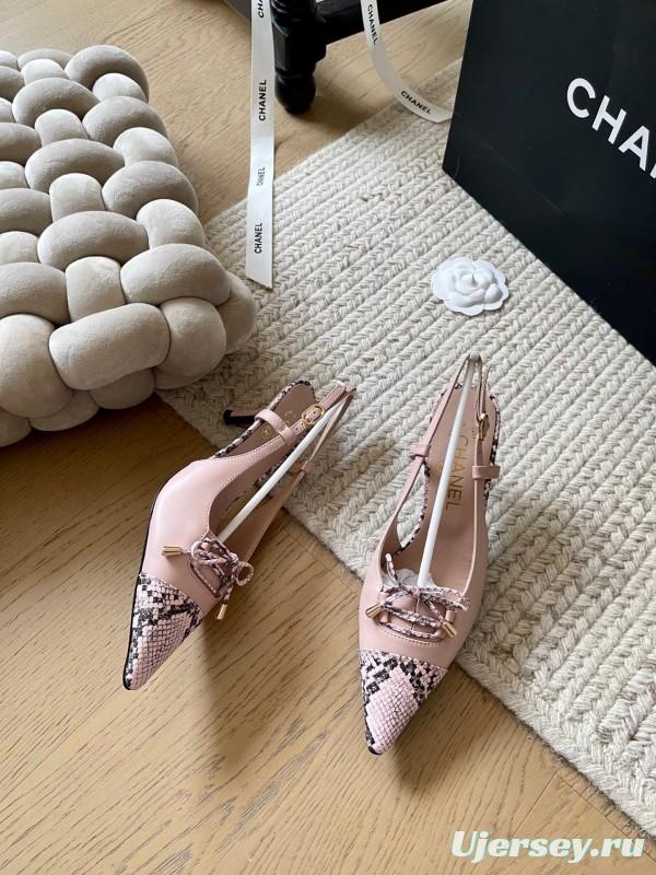 2025 Women Chanel Pink Python Leather Bow High Heels KFY00320