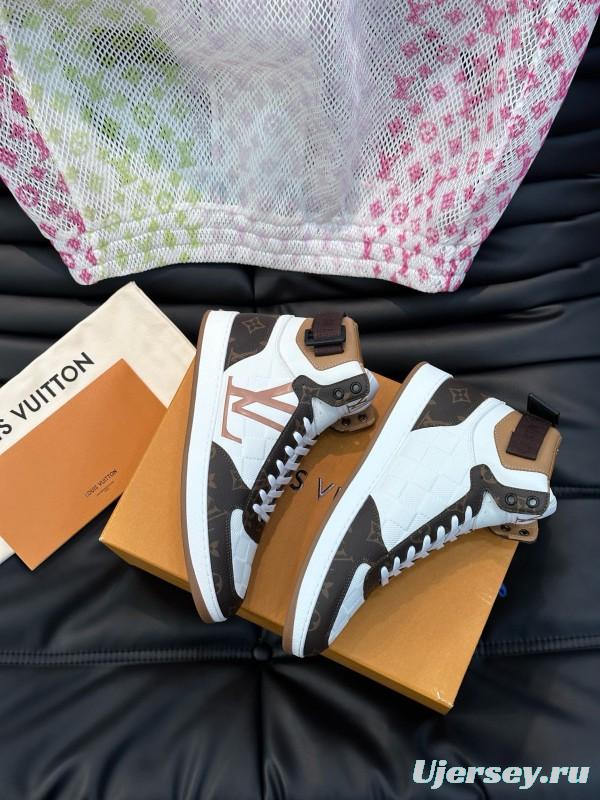 2024 Men Louis Vuitton White Brown Leather High Top Sneakers MJ00420