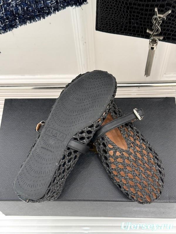 2025 Women AlAIA Black Leather Woven Mary Jane