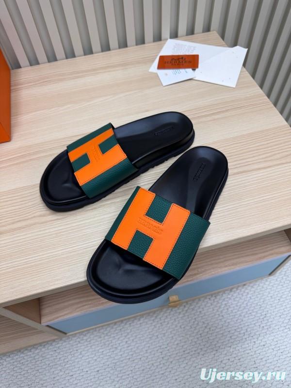 2025 Hermès Green Orange Leather Slippers