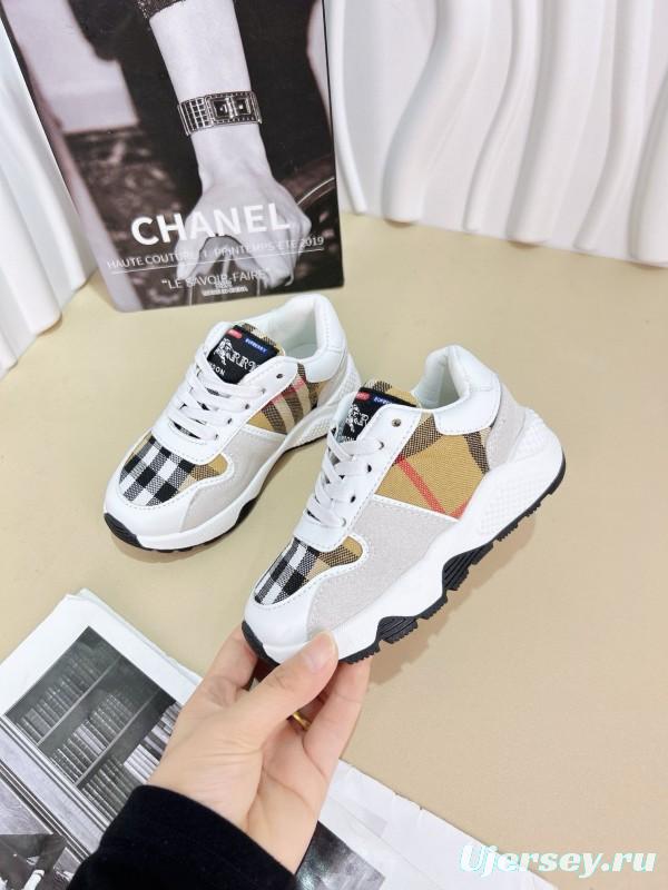2024 Kids BURBERRY Beige White Black Leather Fabric Sneakers