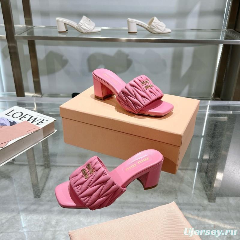 2025 Women Miu Miu Pink Sheepskin Heeled Sandals Quilted KFY00250
