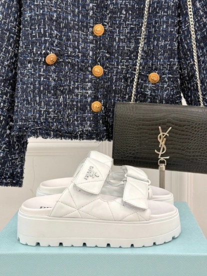 2025 Slippers Prada White Leather Quilted Velcro Strap KFY00250