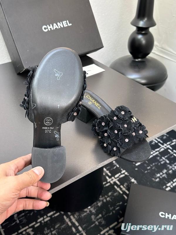 2025 Women Chanel Black Suede Heeled Slippers