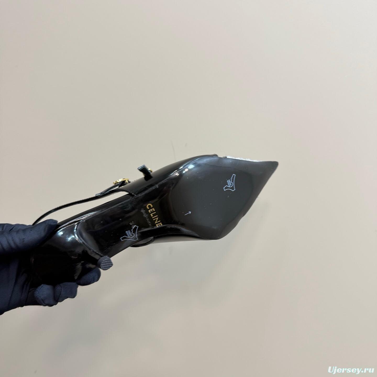 2025 Women Celine Black White Leather Pointed Toe Kitten Heel KFY00310