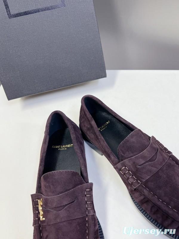 2025 Women Yves Saint Laurent Dark Purple Suede Loafers KFY00350