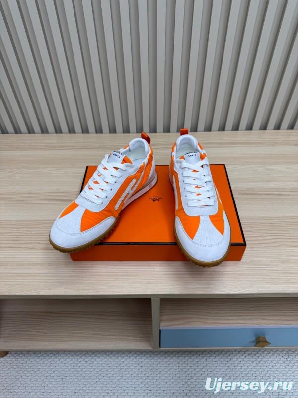 2025 Unisex Hermès White Orange Suede Mesh Sneakers KFY00300