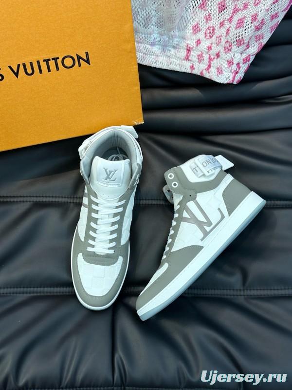 2024 Men Louis Vuitton White Grey Leather Canvas High Top Classic Sneakers MJ00420