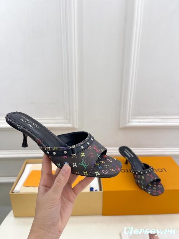 2025 Women Louis Vuitton Black Rainbow Leather Slippers KFY00290
