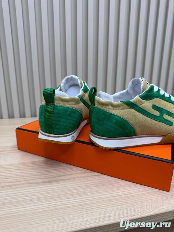 2025 Unisex Hermès Green Beige Suede Down Fabric Sneakers Top Version KFY00300