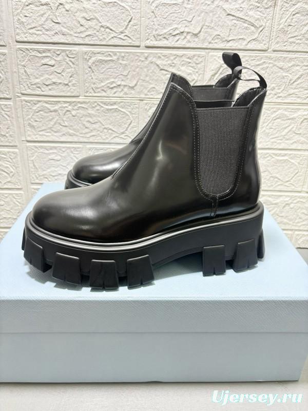 2024 Women Prada Black Leather Chelsea Boots MJ00360