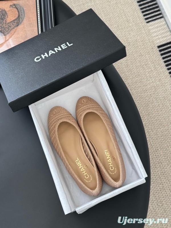 2025 Women Chanel Beige Knit Ballet Flats LY00280