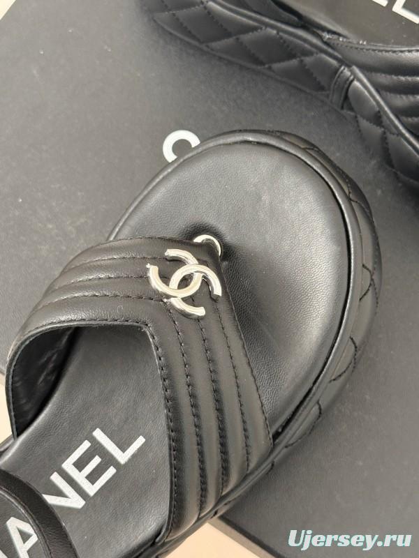2025 Women Chanel Black Leather Sandals Platform