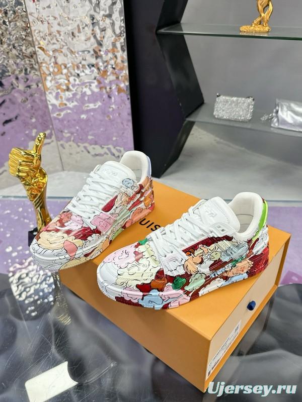 2024 Unisex Louis Vuitton White Pink Red Leather Canvas Sneakers Collaboration MJ00780