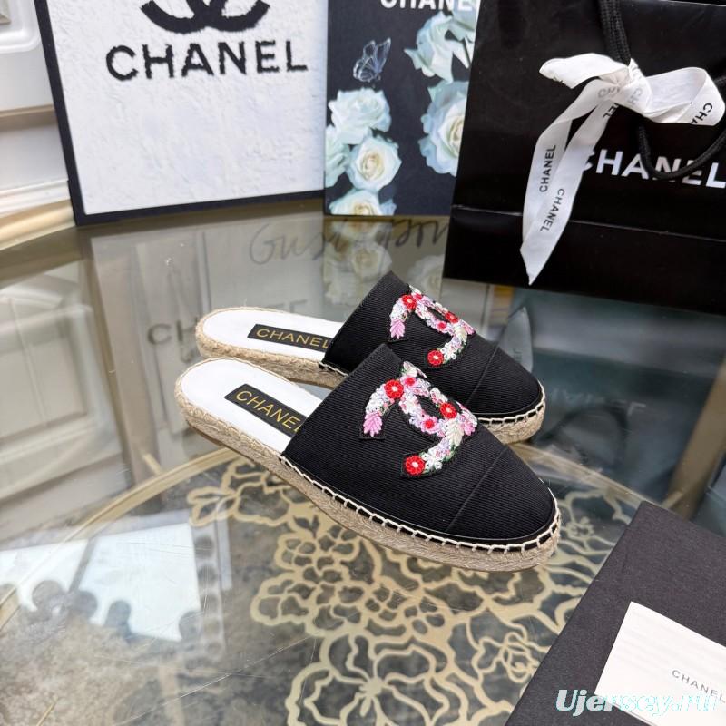 2025 Women Chanel Black Canvas Espadrille Sequins Mule