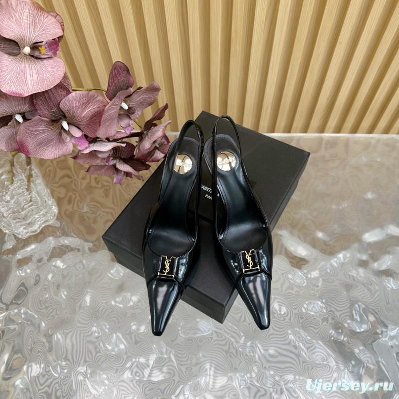 2025 Women Yves Saint Laurent Black Patent Leather Slingback Heels