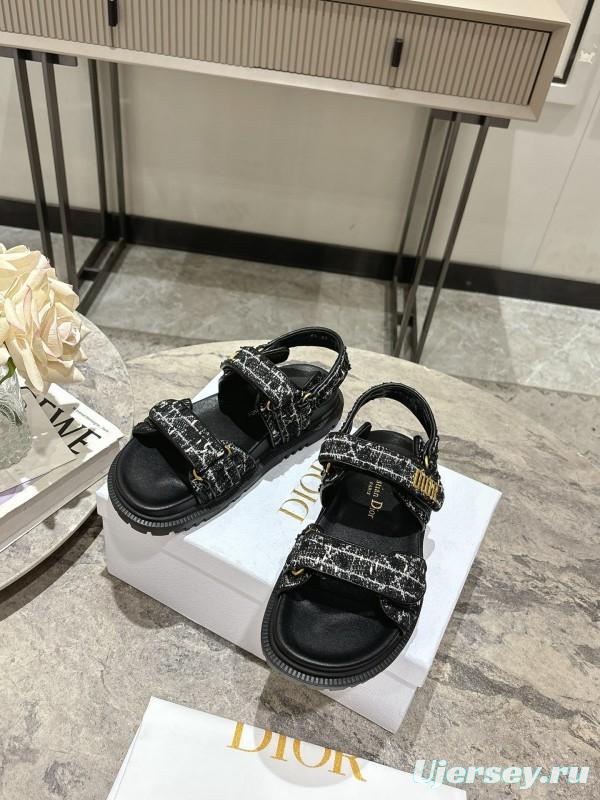2025 Women Dior Black Fabric Leather Sandals KFY00300