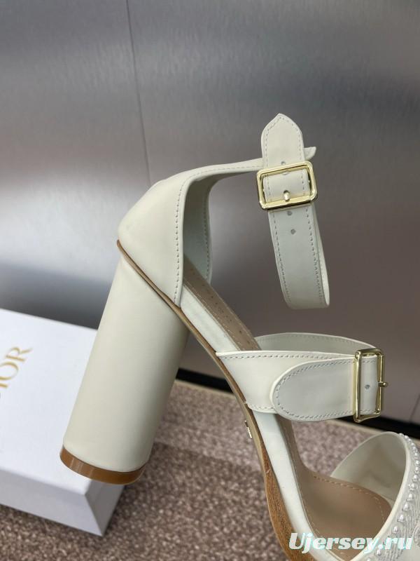 2025 Women Dior White Calfskin Leather Embroidered Sandals KFY00320