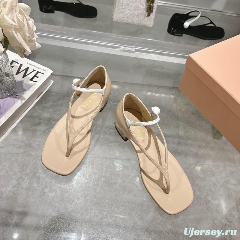 2025 Women MiuMiu Beige Leather T-Strap Sandals With Clear Heel KFY00289(F)