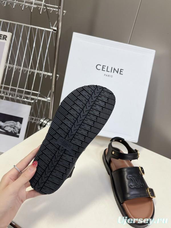 2025 Women Celine Black Leather Sandals Buckle KFY00280