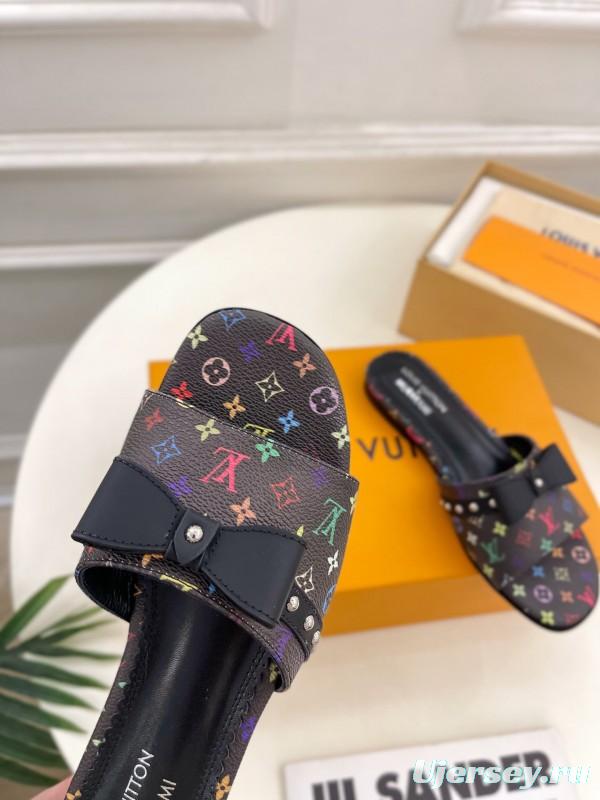 2025 Slippers Louis Vuitton Black Multicolor Monogram Leather Bow KFY00290