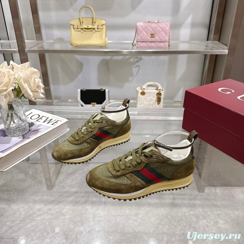 2025 Women Gucci Khaki Green Red Suede Mesh Sneakers LY00340