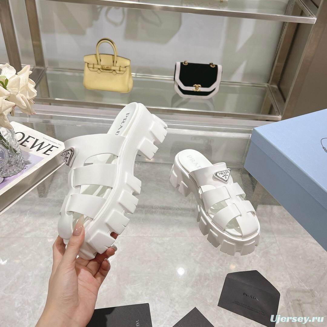 2025 Women Prada White Leather Slippers LY00250
