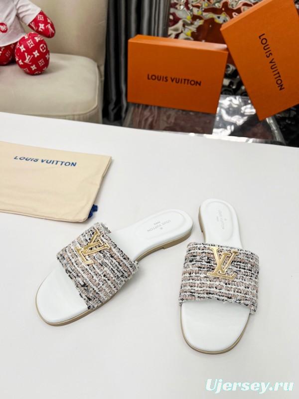 2025 Women Louis Vuitton White Tweed Leather Slippers LY00210