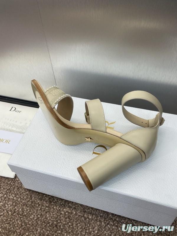 2025 Women Dior Beige Calf Leather Sheepskin Pearl Embroidered High Heel Sandals KFY00320