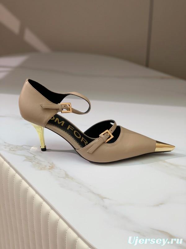 2025 Women TOM FORD Beige Leather Pointed Toe Metal Tip Pumps KFY00320