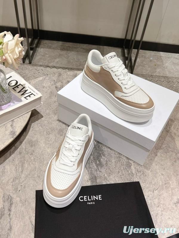 2025 Women Celine Beige White Leather Platform Sneakers