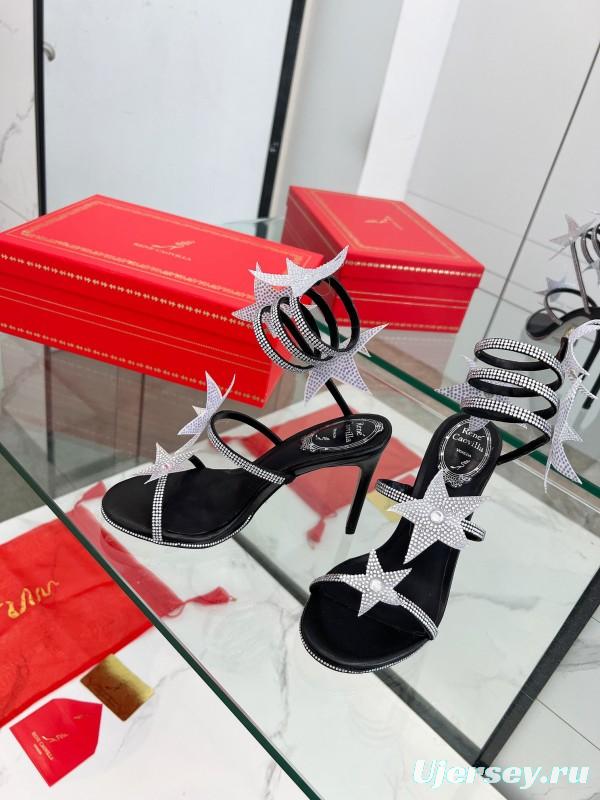 2025 Women RC Black Silver Silk Crystal High Heel Spiral Lace Sandals LY00340