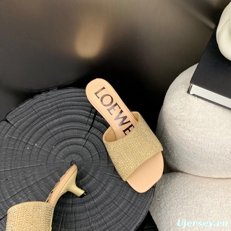 2025 Women Loewe Beige Rhinestone Leather Slippers LY00240