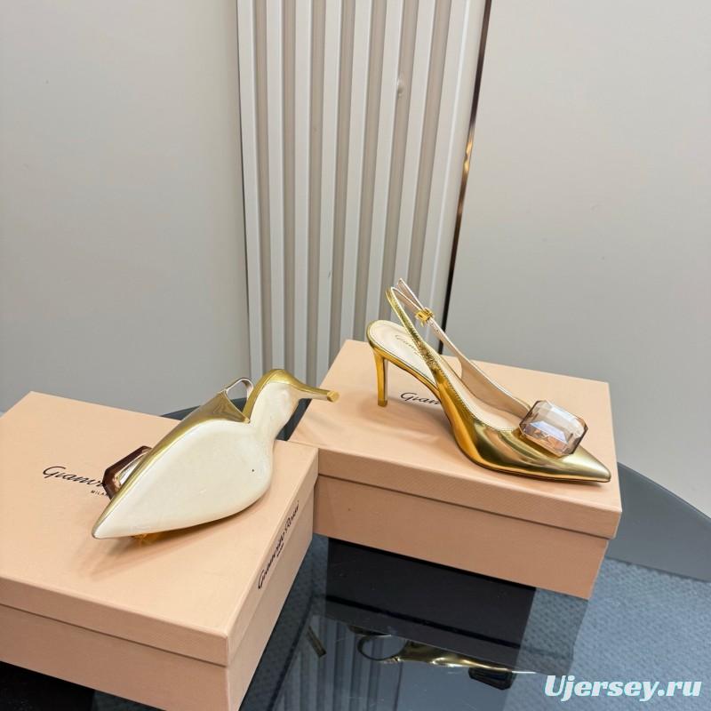 2025 Women Gianvito Rossi Gold Leather Slingback Gemstone KFY00300