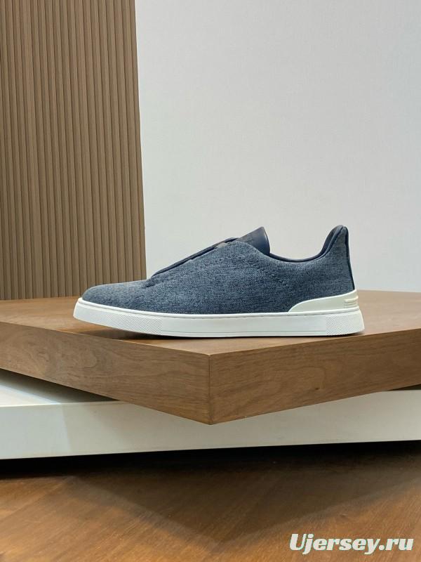 2024 Unisex Ermenegildo Zegna Grey Blue Pelletessuta Calfskin Sneakers Stretch Detail MJ00280