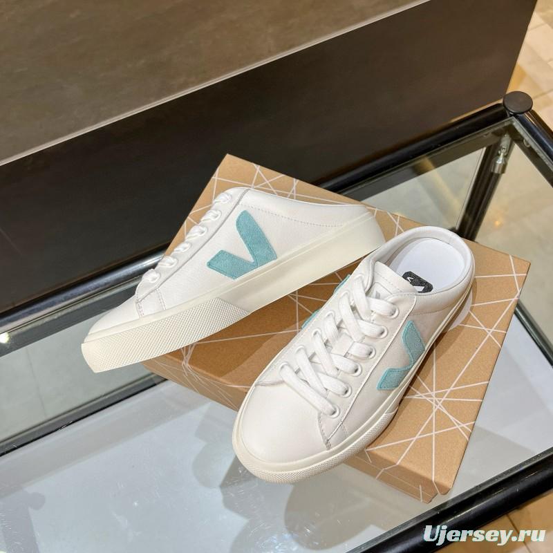 2025 VEJA White Blue Leather Canvas Slip-On Sneakers