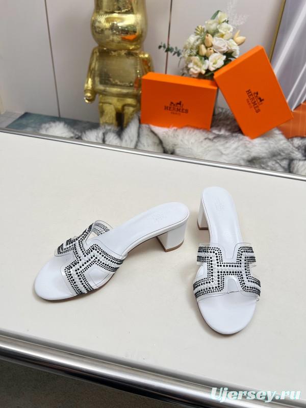 2025 Slippers Hermès White Leather Crystal MJ00180
