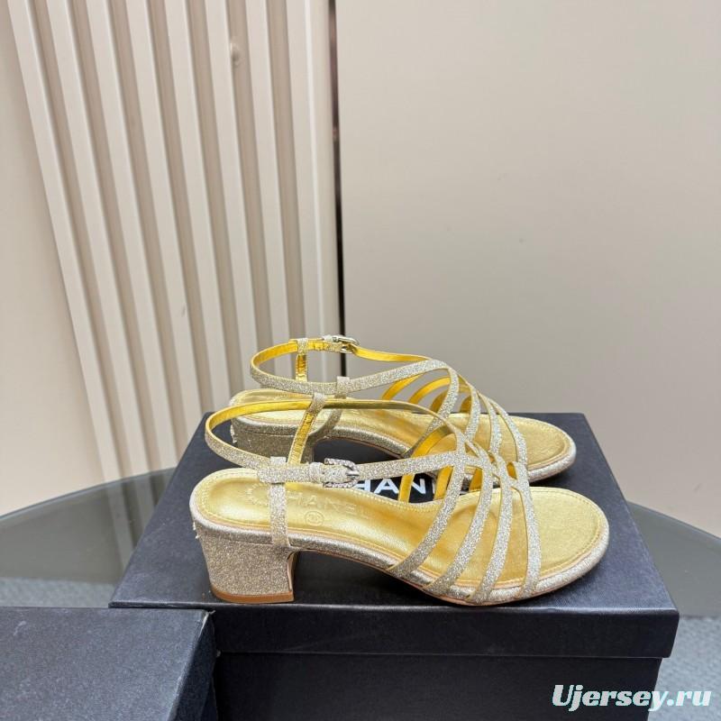 2025 Women Chanel Gold Leather Sandals KFY00290