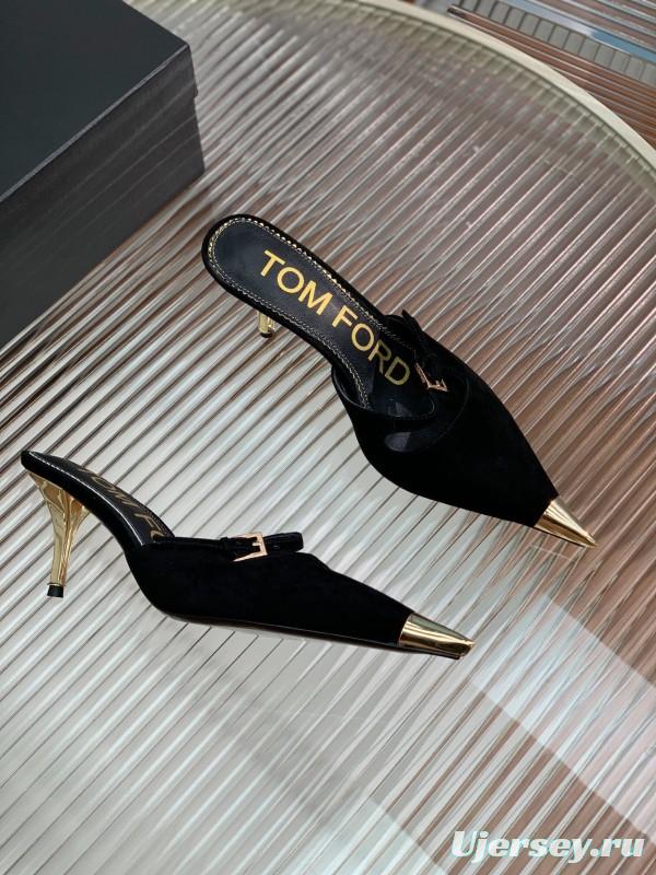 2025 Women TOM FORD Black Suede Leather Pointed Toe Metal Tip Mules