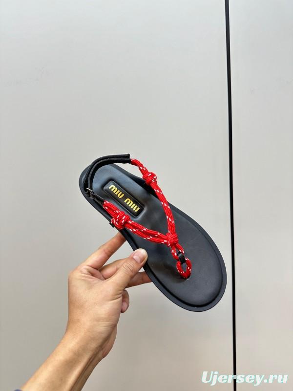 2025 Women Miu Miu Black Red Leather Sandals