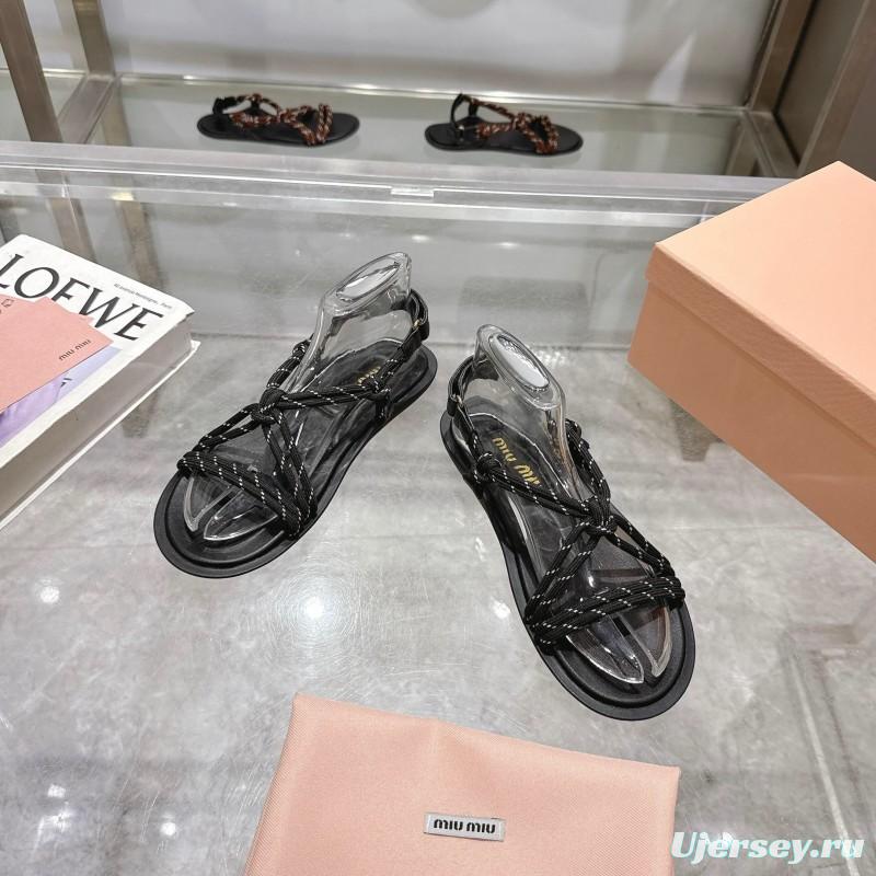 2025 Women Miu Miu Black Leather Rope Sandals