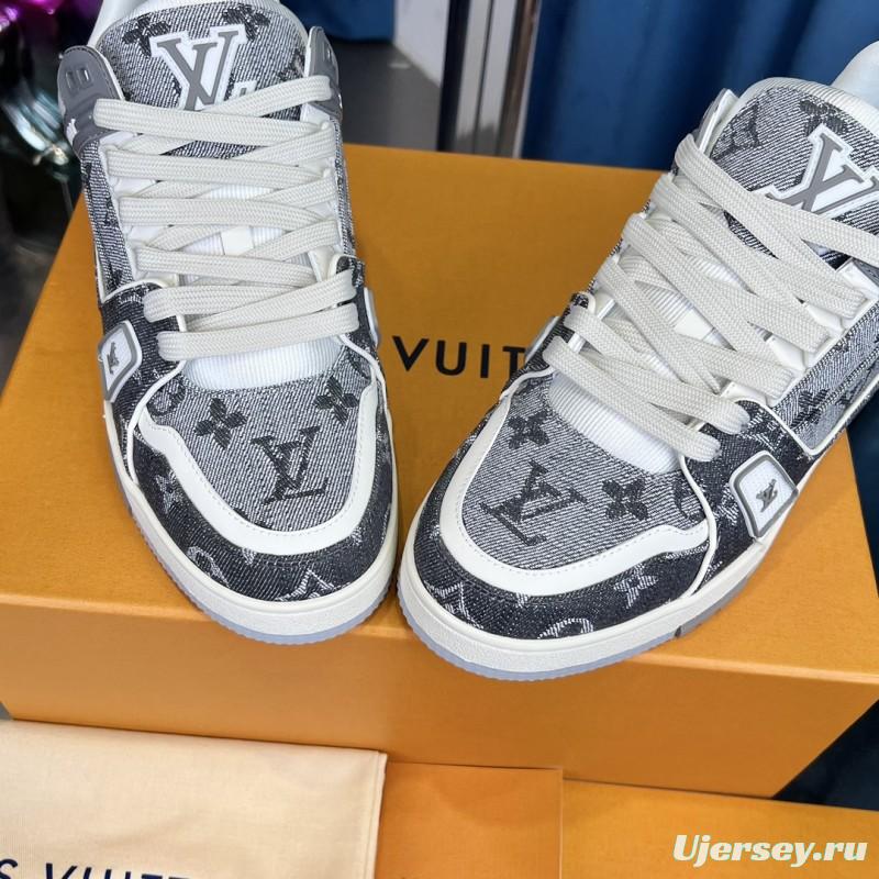 2025 Unisex Louis Vuitton Grey White Fabric Leather Sneakers