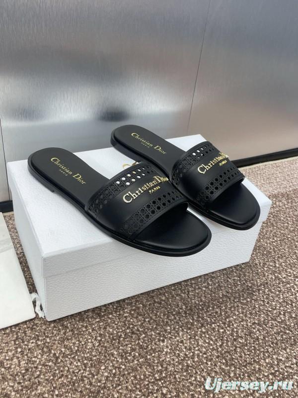 2025 Women Dior Black Leather Slides