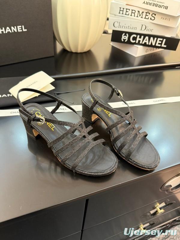 2025 Women Chanel Black Leather Sandals KFY00289