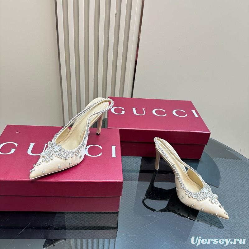 2025 Women Gucci Beige Silk Crystal Embellished Slingback Heels MJ00340