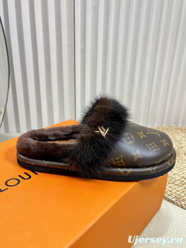 2024 Slippers Louis Vuitton Brown Leather Mink Fur Slippers MJ00340